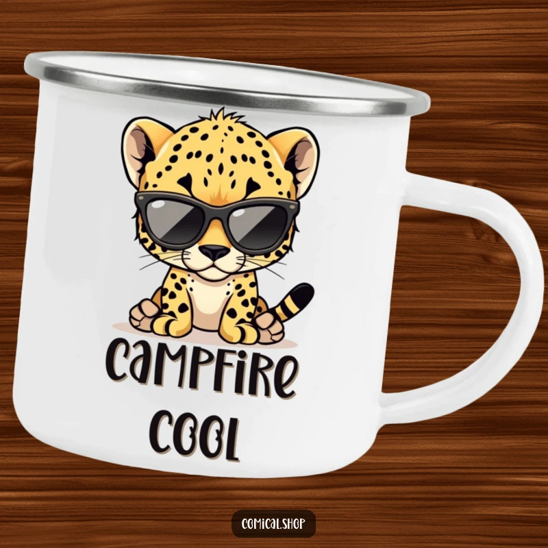 Funny cheetah cub camping mug with a cool cub wearing oversized sunglasses, perfect for outdoor enthusiasts.