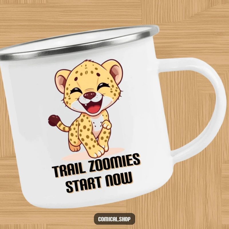 Funny camping mug showing a cheetah cub enthusiastically chasing its tail, perfect for outdoor adventures and morning coffee.