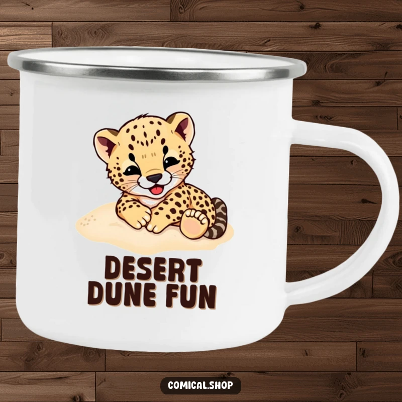 Funny Cheetah Cub Camping Mug: A sturdy mug with a cheetah cub gleefully rolling in sand, perfect for outdoor enjoyment.