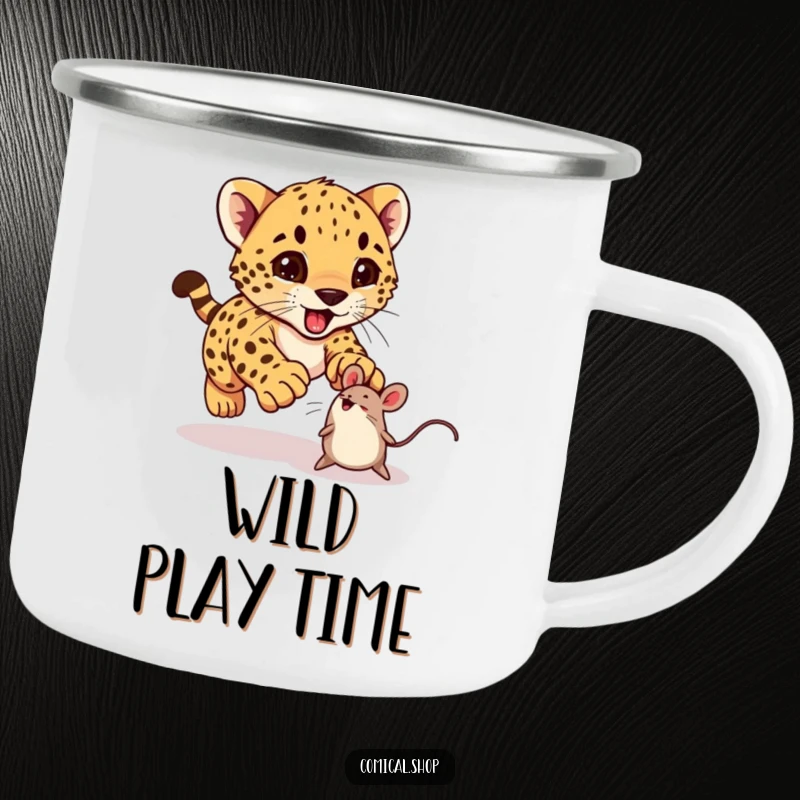 Funny cheetah cub excitedly pouncing on a bouncing toy mouse on a camping mug, perfect for outdoor enjoyment.