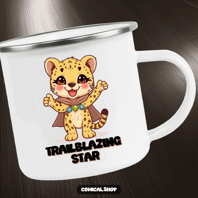 Funny cheetah cub in a dazzling sequined cape striking a triumphant pose, this camping mug is ready for adventure.