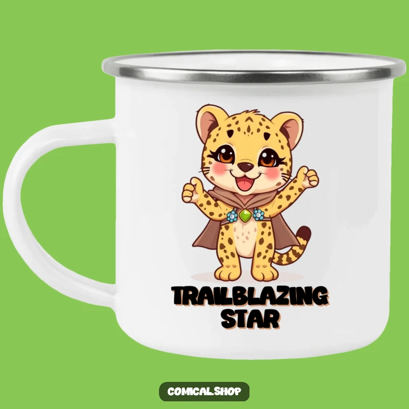 Funny Cheetah Cub Cape Camping Mug: Adventure & Sparkle Gift for Outdoorsy Folks
