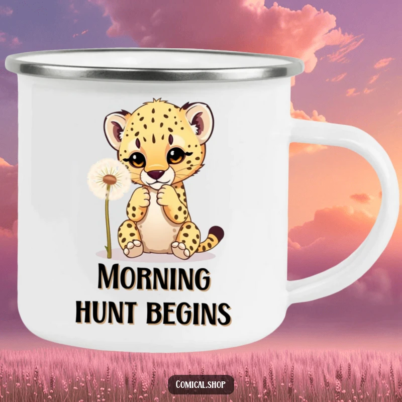 Funny camping mug showing a cheetah cub playfully batting at a dandelion, perfect for enjoying beverages during outdoor adventures.