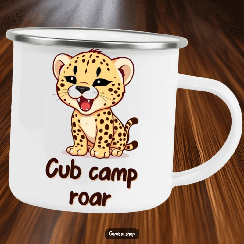 Funny camping mug with a cheetah cub practicing its roar with a tiny, fierce expression, ready for humorous outdoor adventures.