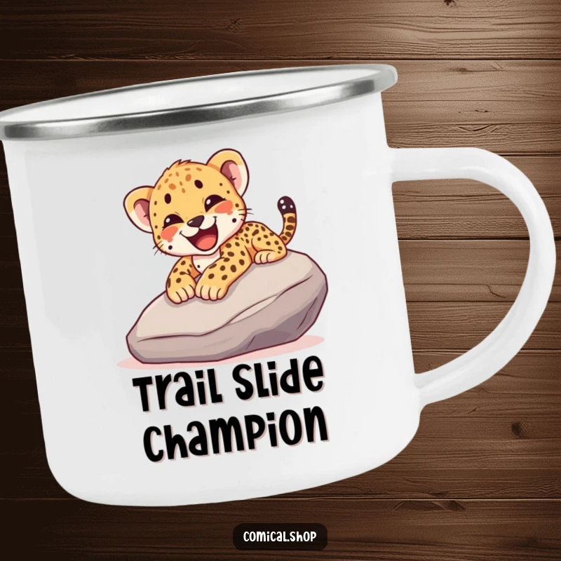 Funny camping mug showing a cheetah cub gleefully sliding down a rock with a happy yelp, perfect for outdoor enjoyment.