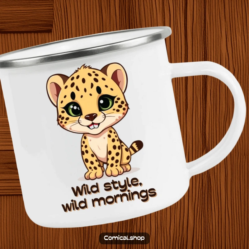 Funny cheetah cub striking a sleek, stylish pose with a confident grin, a durable and humorous camping mug for stylish adventures.