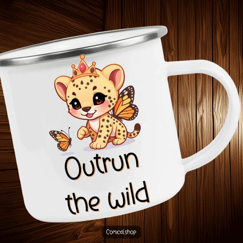 Funny cheetah cub wearing a tiara, playfully racing a butterfly, on a sturdy camping mug, for whimsical adventures, a funny gift.