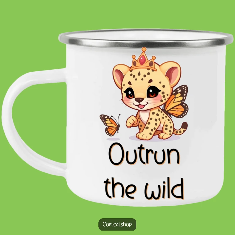 Funny Cheetah Cub Tiara Camping Mug: Regal Chase Drinkware, Perfect Funny Gift