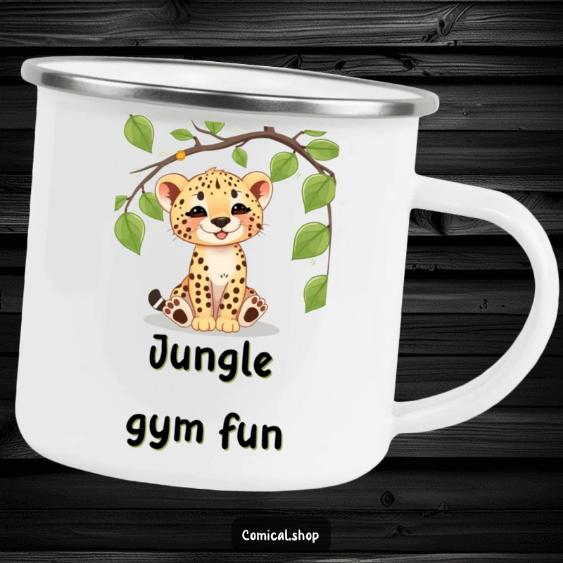 Funny cheetah cub camping mug showing a playful cub batting at a vine, ideal for outdoor enthusiasts who love animals.