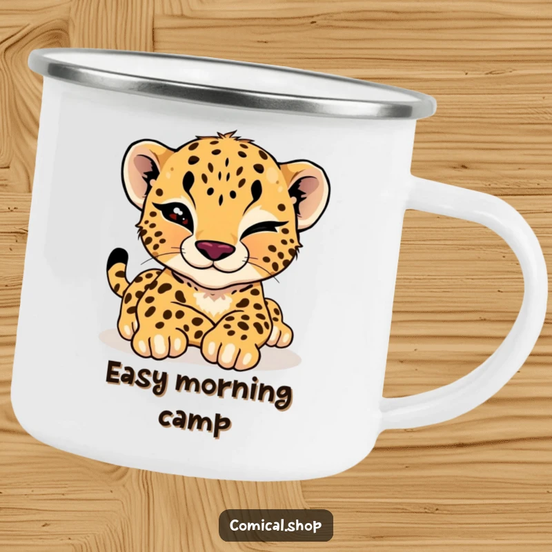 Funny cheetah cub camping mug showing a cub giving a playful wink while stretching, ideal for outdoor explorers.
