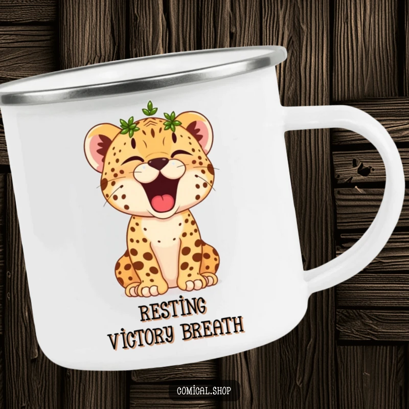 Funny Cheetah Cub Camping Mug: A small crowned cub yawns widely, perfect for enjoying beverages outdoors with sleepy victory.