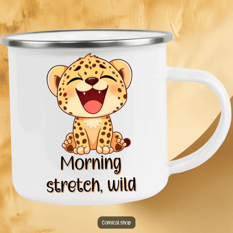 Funny camping mug with a cheetah cub yawning a big, happy smile, perfect for enjoying beverages during outdoor excursions.