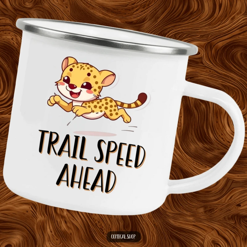 Funny smiling cheetah sprinting with effortless grace on a camping mug, perfect for outdoor enjoyment.