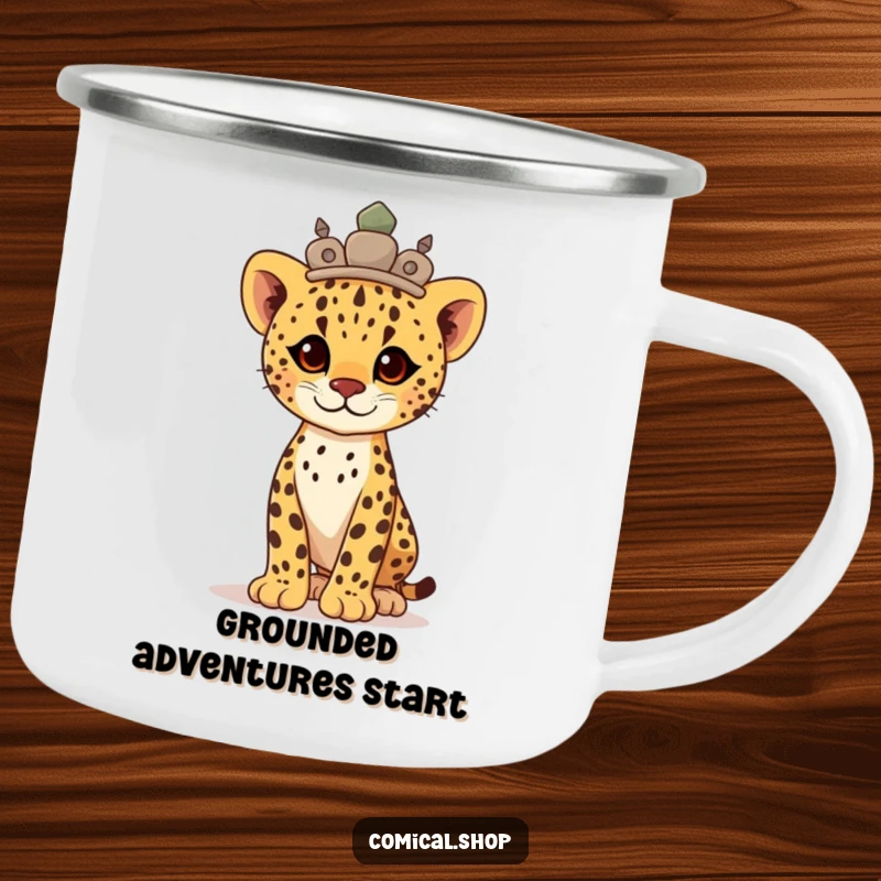 Funny proud cheetah cub wearing a stone crown, standing tall and strong, this camping mug is an adventure gift.
