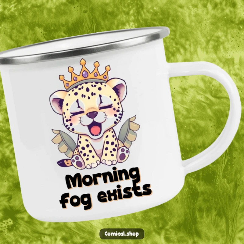 Funny sleepy cheetah cub in a feathered crown yawning by a campfire, this camping mug is a cozy gift.