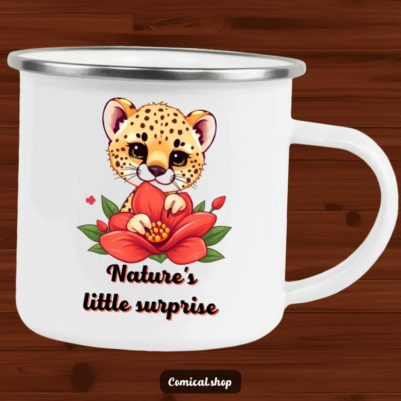 Funny camping mug showing a cheetah cub playfully peeking from behind a red flower, perfect for enjoying beverages outdoors.