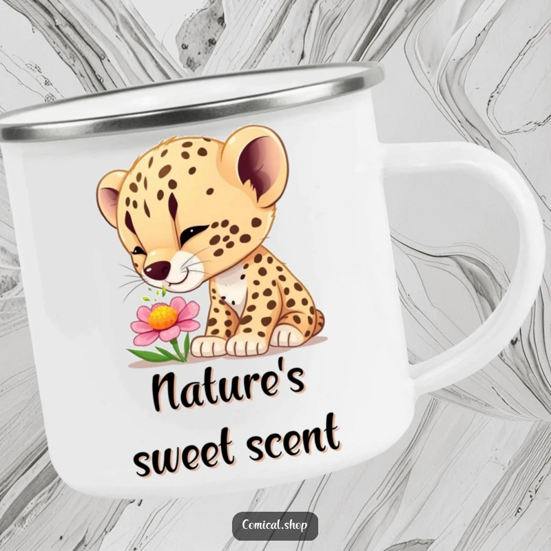 Funny cheetah cub wonder camping mug, designed for outdoor enjoyment with a humorous, nature-inspired theme.