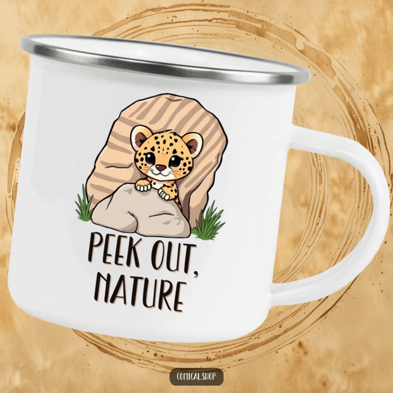 Funny cheetah cub peeking from a striped rock on a rugged camping mug, adding playful charm for screen readers.