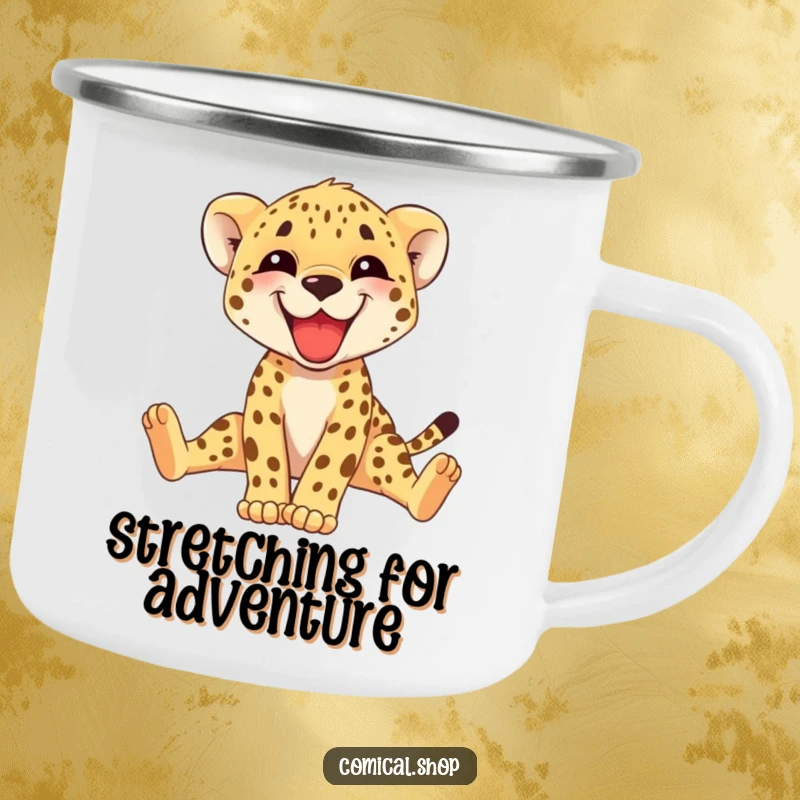 Funny cheetah cub camping mug with a grinning cub stretching its long legs, perfect for any outdoor escapade. A cool gift.