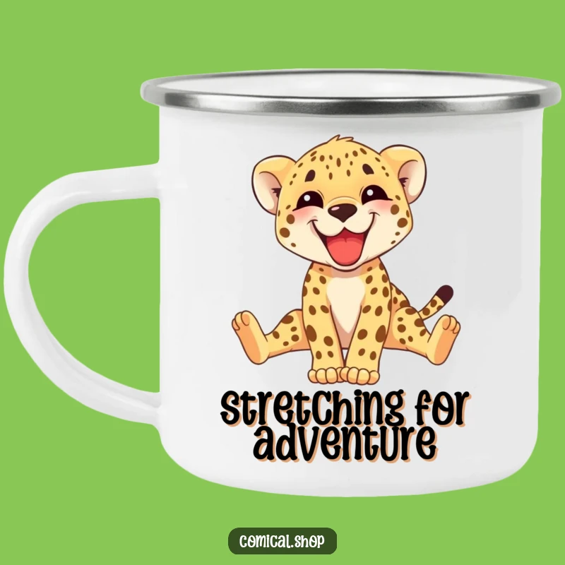 Funny Cheetah Cub Camping Mug: Adorable Stretching Outdoor Gift