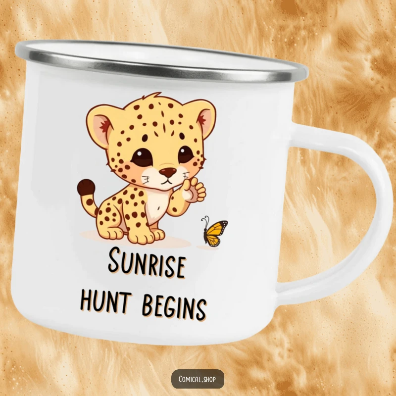 Funny camping mug depicting a cheetah cub hilariously attempting to pounce on a tiny butterfly, ready for outdoor adventures and laughter.