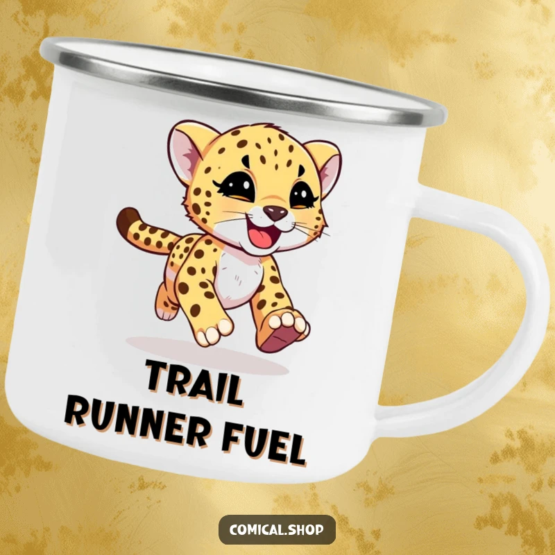 Funny cheetah cub with joyful motion streaks on a camping mug, expressing adventure for screen readers.