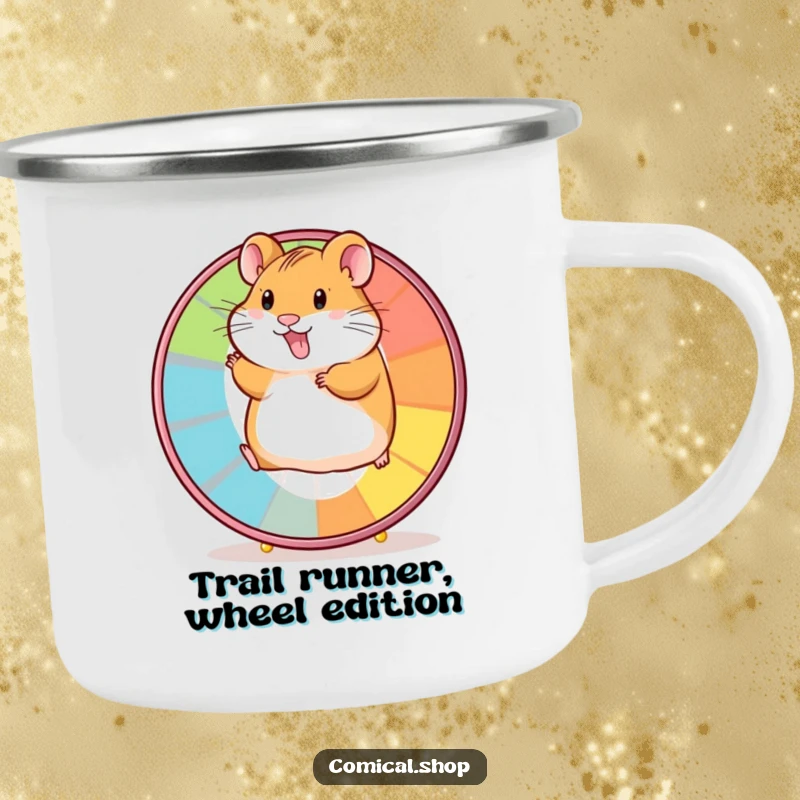 Funny camping mug with a happy hamster running spiritedly on a colorful wheel, ready for the great outdoors.