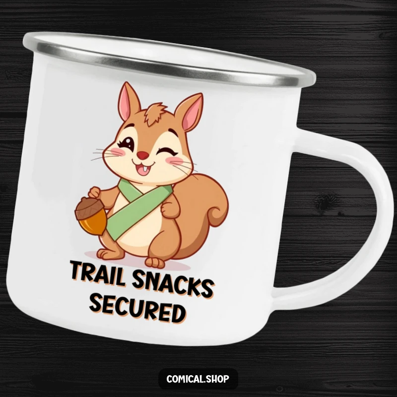 Funny Squirrel Sash Camping Mug featuring a cheerful squirrel wearing a sash, holding a shiny acorn, for outdoor use.