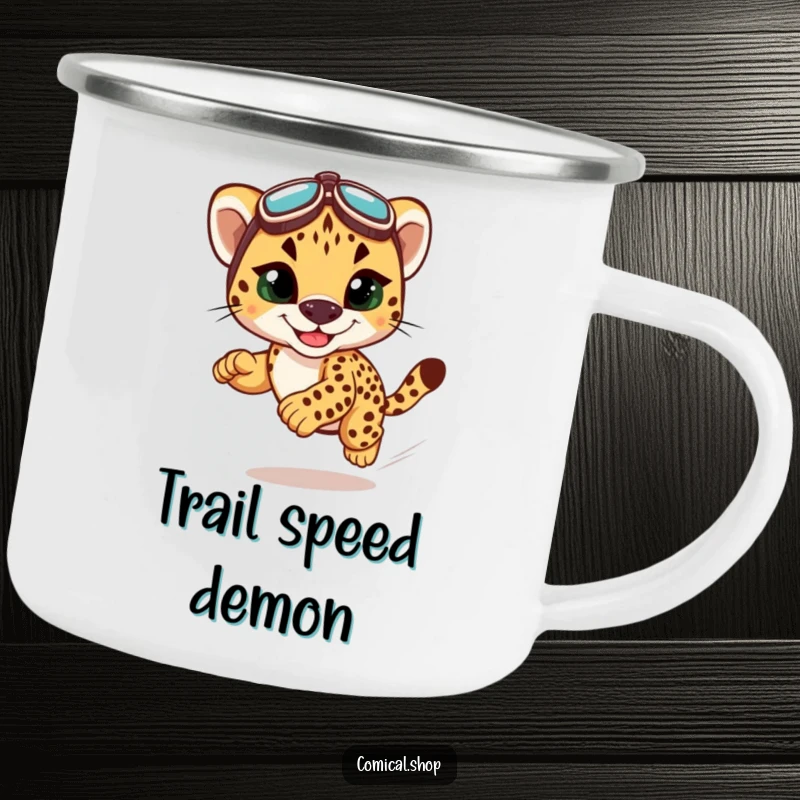 Funny cheetah cub racing camping mug, designed for outdoor enjoyment with a humorous, speedy cheetah theme.
