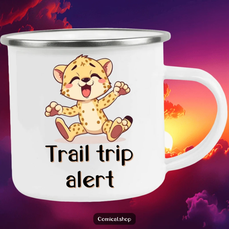 Funny cheetah camping mug with a surprised cheetah tripping over its paws, perfect for outdoor enthusiasts.