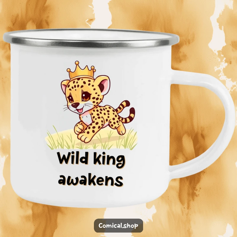 Funny cheetah cub wearing a crown, zooming playfully, on a sturdy camping mug, ready for adventures, a hilarious funny gift.