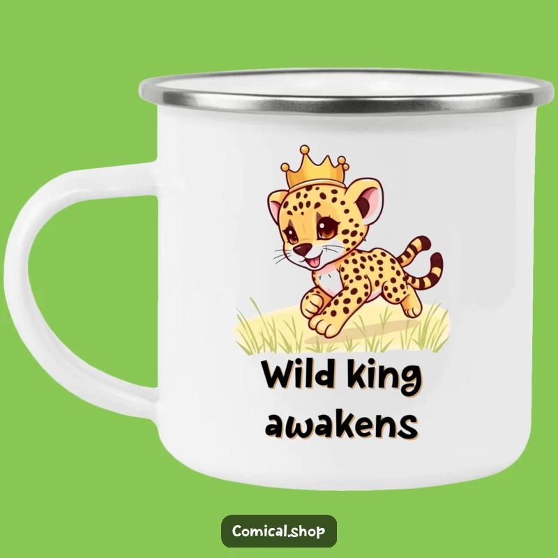 Funny Cheetah Cub Crown Camping Mug: Regal Adventure Drinkware, Perfect Funny Gift