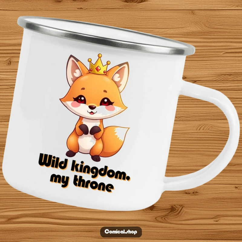 Funny Fox Crown Camping Mug featuring a cute fox wearing a tiny crown, striking a playful pose, for outdoor use.