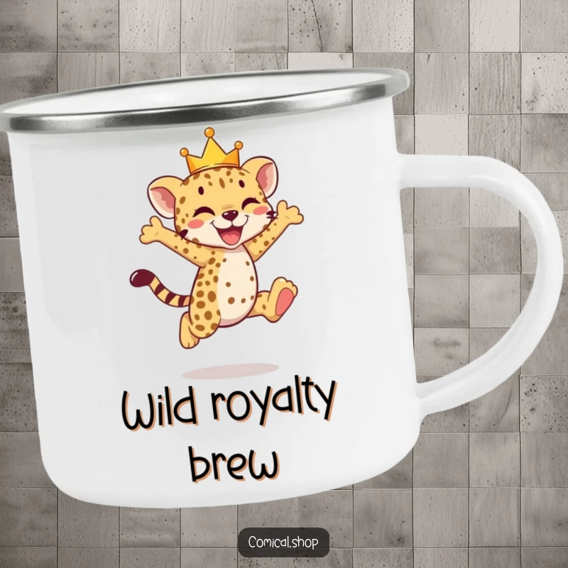 Funny cheetah cub camping mug featuring a crowned cub in a joyful leap, ready for the outdoors.