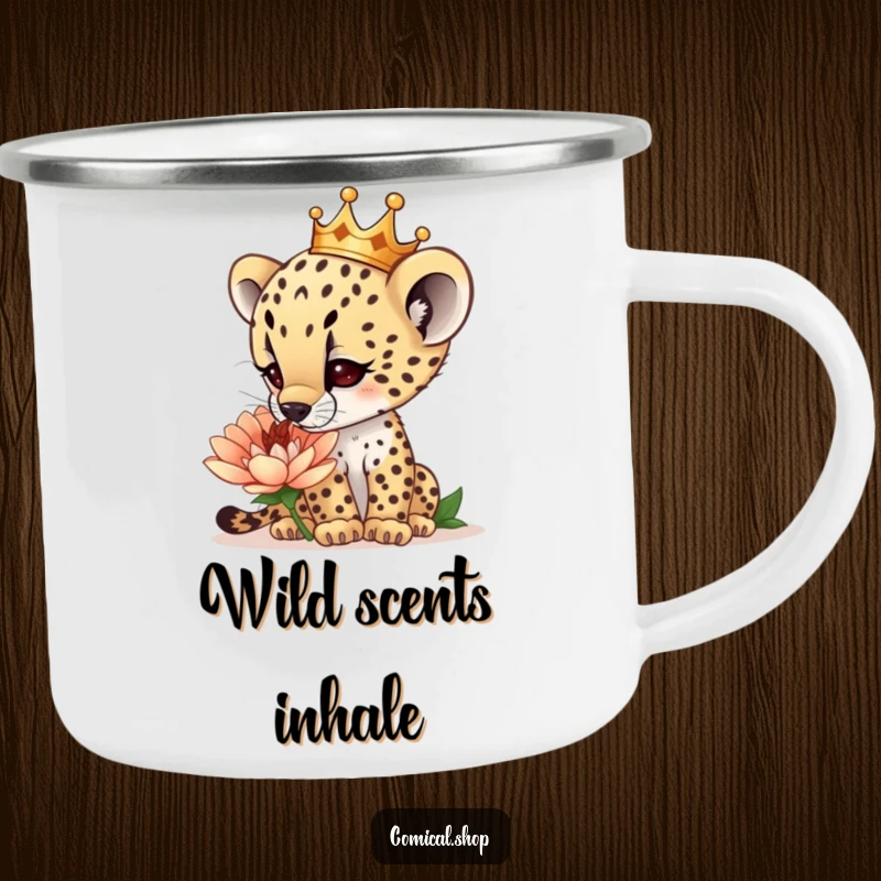 Funny curious cheetah cub wearing a tiny crown, sniffing a giant flower, on a sturdy camping mug, for nature exploration, a funny gift.