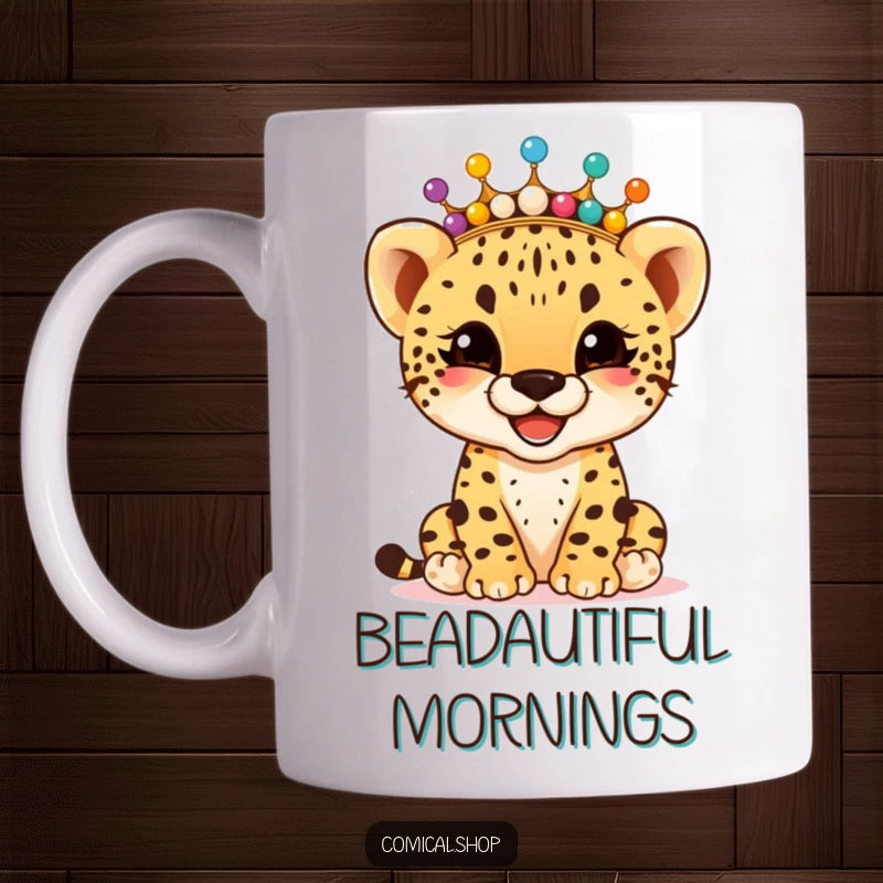 Funny giggling cheetah cub wearing a crown of colorful beads, captured on a mug, radiating joy, a funny gift.