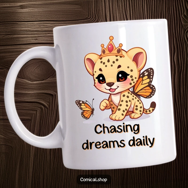 Funny cheetah cub with a tiara, playfully racing a butterfly, captured on a mug, ready for fun, a funny gift.