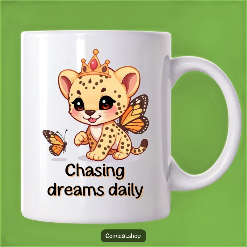 Funny Cheetah Cub Tiara Mug: Playful Butterfly Race Design, Perfect Funny Gift