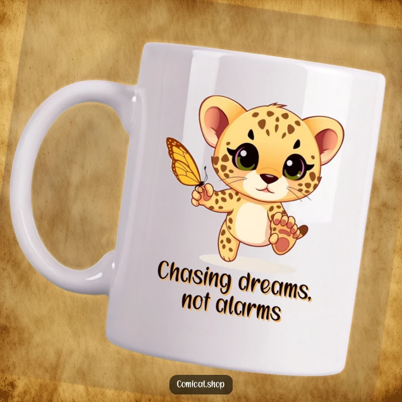 Funny cheetah cub playfully chasing a butterfly with wide eyes, full of wonder and innocent excitement on this humorous mug.