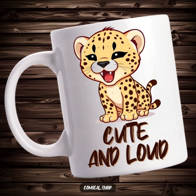 Funny mug showcasing a cheetah cub practicing its roar with a tiny, fierce expression, radiating adorable, humorous power.