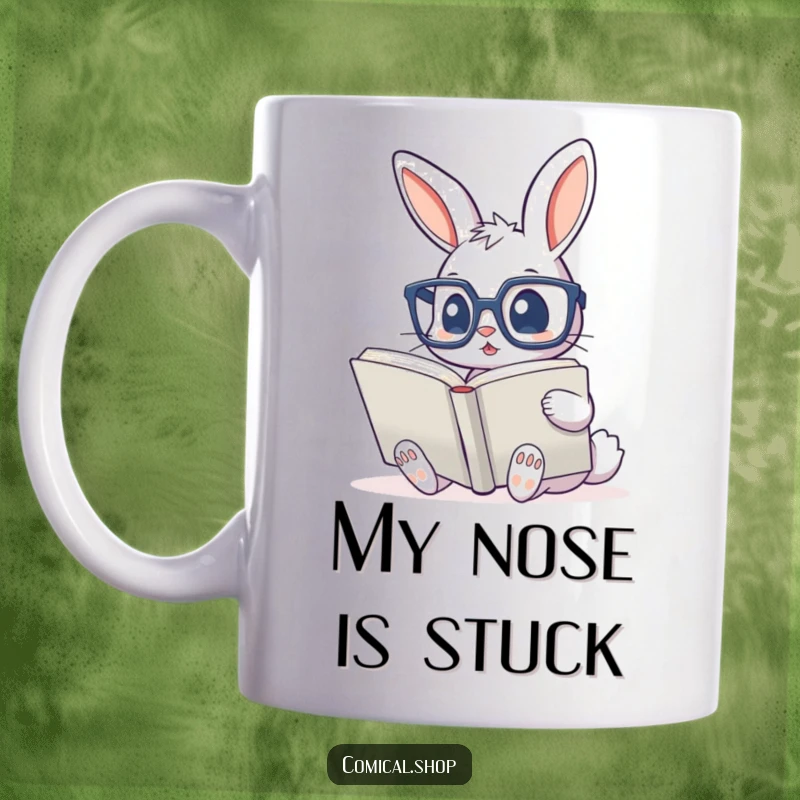 Funny mug featuring a cute bunny wearing oversized glasses, engrossed in reading a giant book, radiating studious joy.