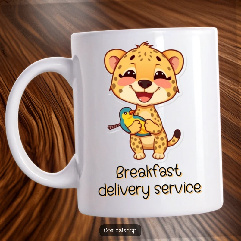 Funny cheetah mug with a wide smile carrying a small, colorful bird, capturing a moment of lighthearted animal joy.