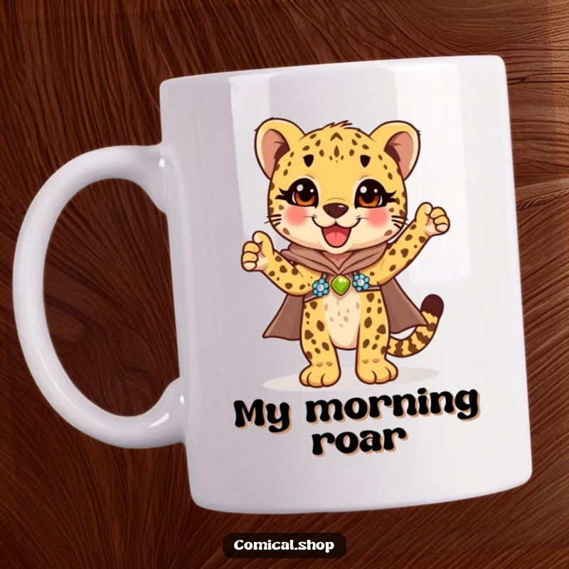 Funny cheetah cub in a shiny sequined cape striking a triumphant superhero pose, ready for action on this delightful mug.