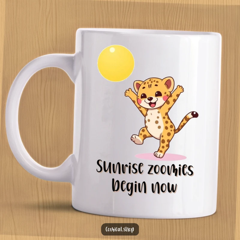Funny cheetah cub mug, energetically doing a cartwheel under a beaming sun, showcasing pure joy and athleticism for a hilarious gift idea.
