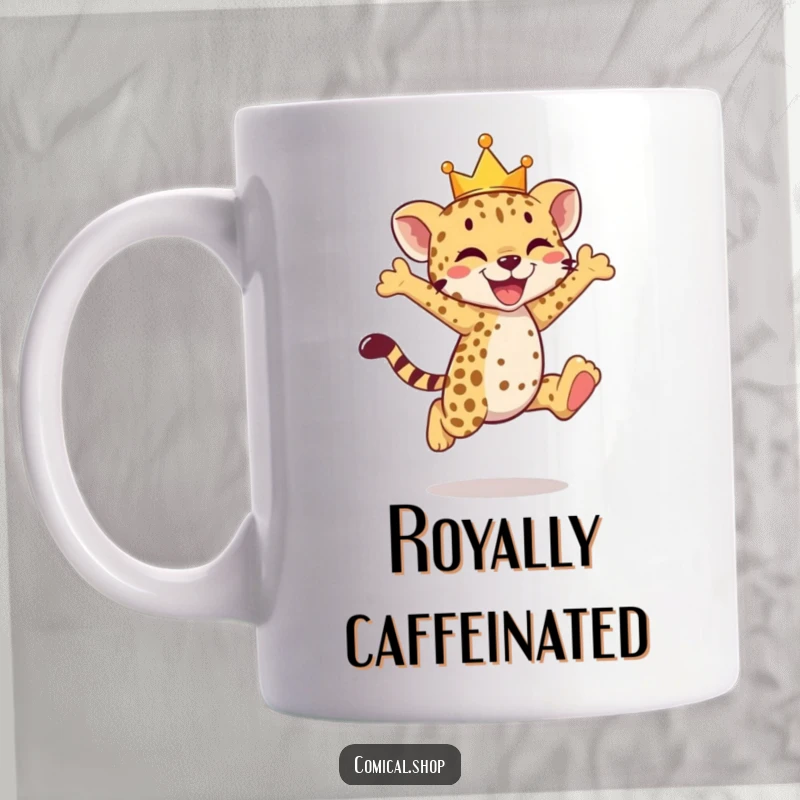 Funny cheetah cub mug featuring a cub wearing a tiny crown, captured mid-joyful leap.