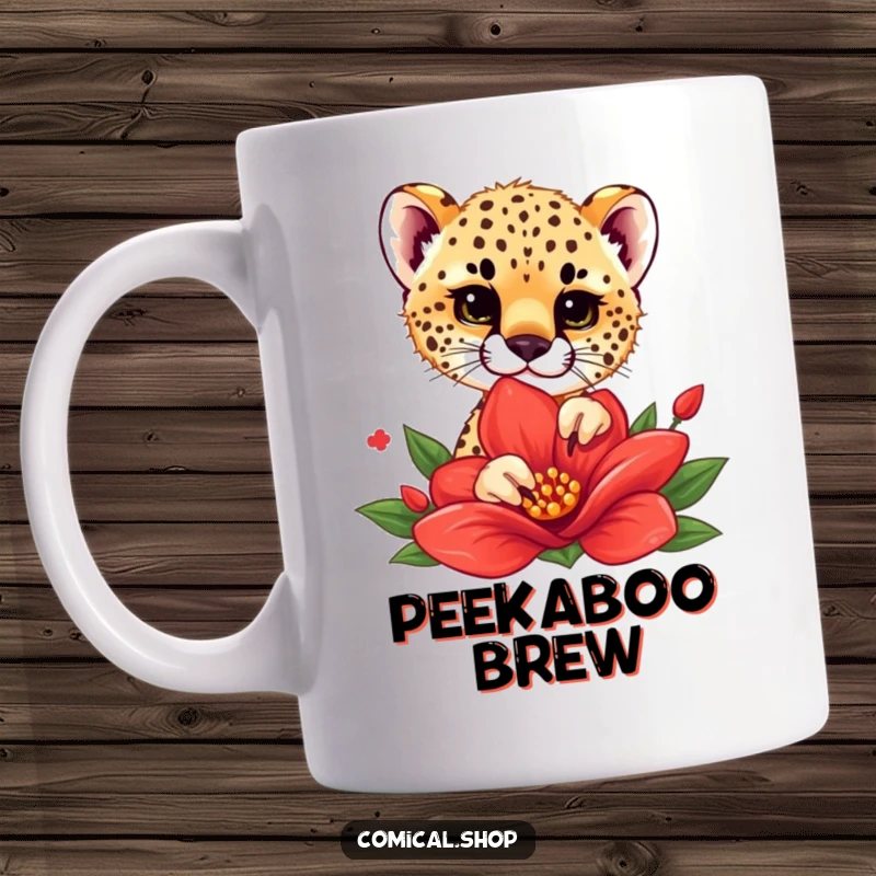 Funny mug featuring a cheetah cub playfully peeking from behind a vibrant red flower, its eyes full of curiosity and mischief.
