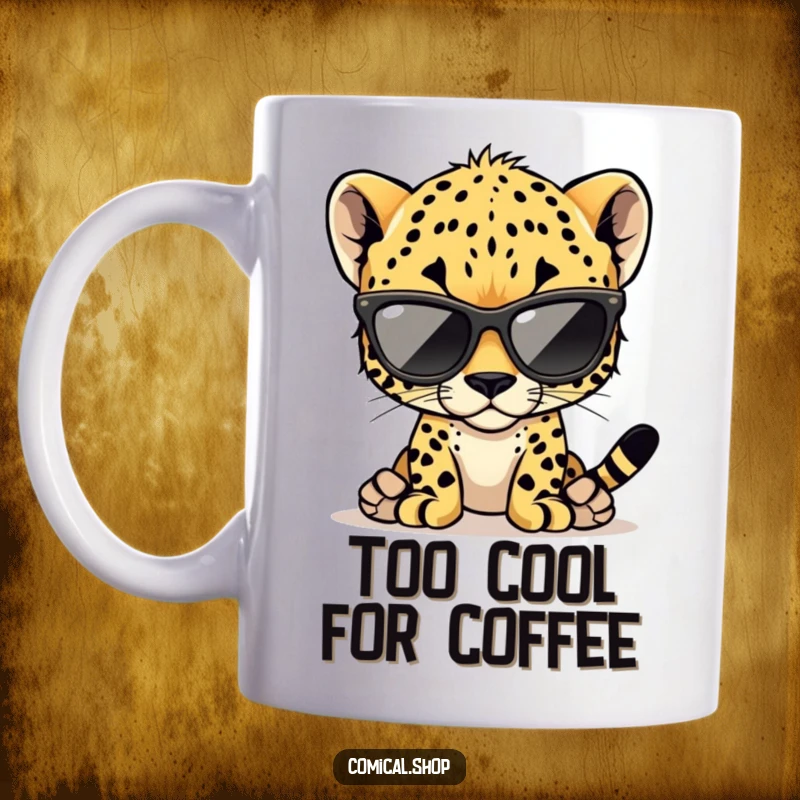 Funny cheetah cub mug featuring a stylish cub wearing oversized sunglasses, perfect for coffee or tea.