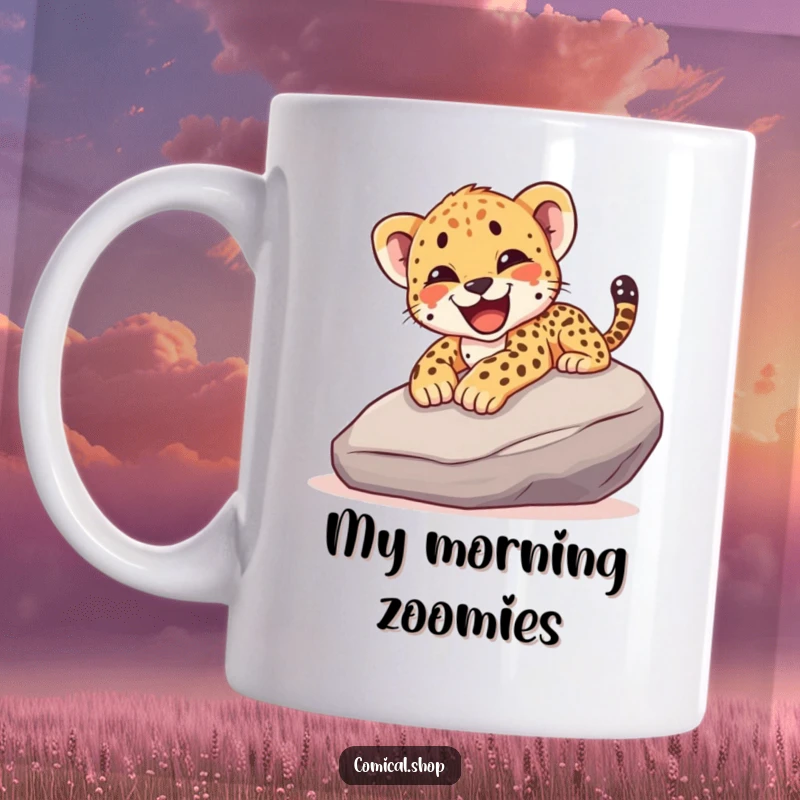Funny mug showing a cheetah cub gleefully sliding down a smooth rock, captured mid-yelp with pure joy and excitement.