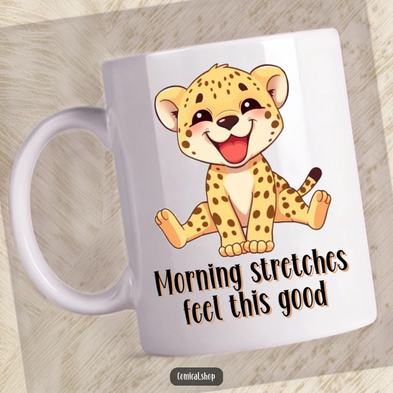 Funny cheetah cub mug with a big grin, stretching its long legs adorably, conveying joy and playfulness. A perfect cute gift.