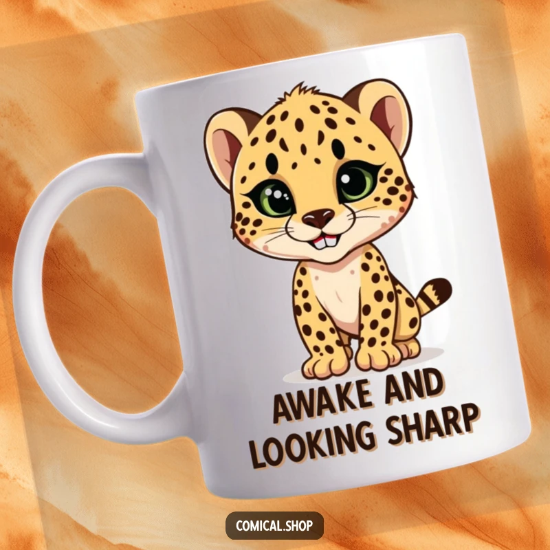 Funny cheetah cub striking a sleek, stylish pose with a confident grin, looking fashionable and cool on this humorous mug.